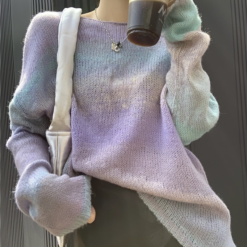 274. 퍼플 그라데이션 오프숄더 스웨터 대비 배색 풀오버 루즈한 니트 하이틴 키치 미니멀